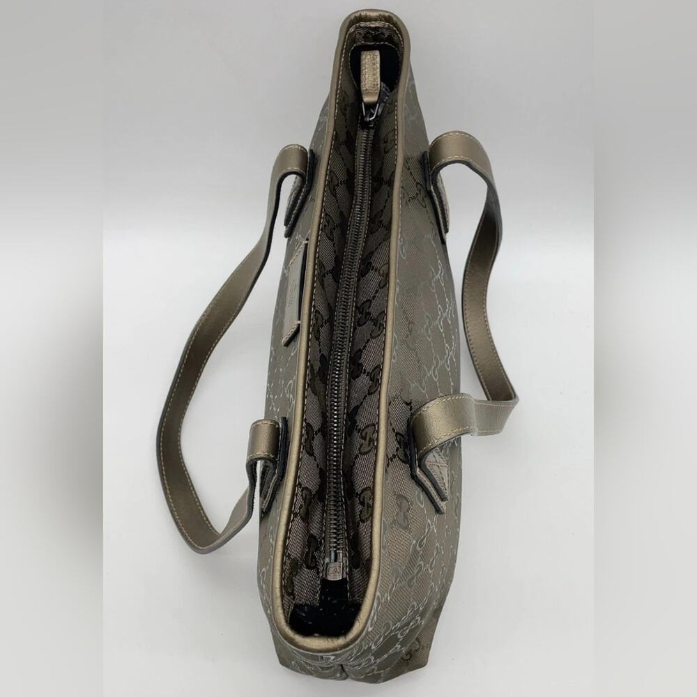 Authentic Gucci GG Imprimé coated fabric Leather Metallic Khaki Tote Bag Purse - Picture 7 of 14